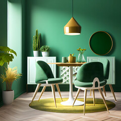 Bright and cozy modern dining room interior with green furniture and decoration room on empty green or white wall background, Ai generated

