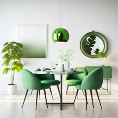 Bright and cozy modern dining room interior with green furniture and decoration room on empty green or white wall background, Ai generated
