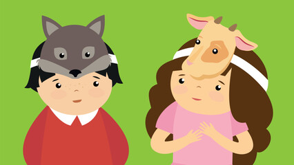 Cute girl and boy with animals masks. Vector illustration in cartoon style