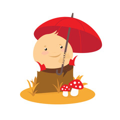Cute gnome with an umbrella in the forest. Kolobok. Vector illustration