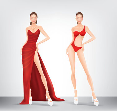 Design image of model wearing evening dress and swimwear for beauty pageant