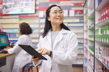 Medicine, tablet and pharmacist woman for product management, stock research and pharmacy...