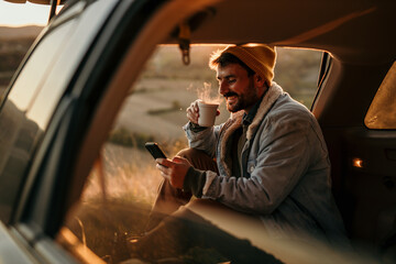 A handsome man in a denim jacket is sitting in the car truck, browsing a phone and drinking a hot...
