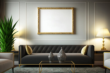 modern living room with sofa, interior design, Mock up wall art frame, generative ai 