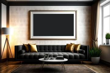 modern living room with sofa, interior design, Mock up wall art frame, generative ai 