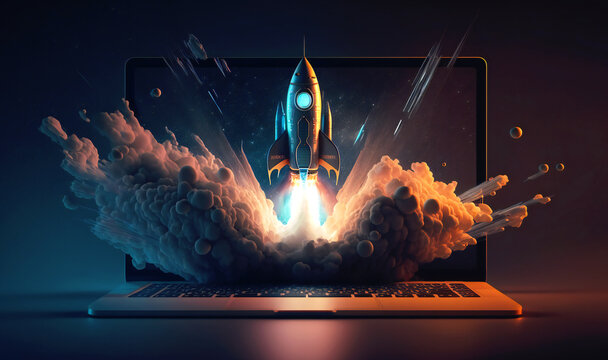 A futuristic illustration of a space rocket launching from the screen of a laptop