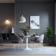 Bright and cozy modern dining room interior with grey furniture and decoration room on empty grey or white wall background, Ai generated
