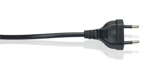 Black electric power cable with plug  250 volt isolated on white background.