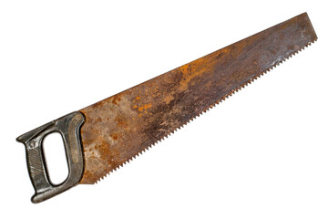 An old rusty hacksaw for sawing wood. Rusty saw close-up. - obrazy, fototapety, plakaty