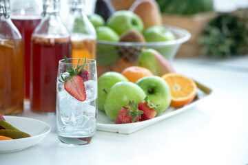 Homemade fermented raw, kombucha tea, Kombucha drinks in variety of flavors in bottles, healthy natural probiotic drink