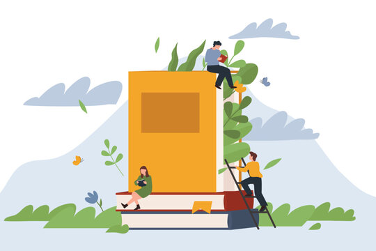 Tiny people reading books, sitting and standing on stack of giant books with opened one on top. Back to school, library or book festival concept. Vector illustration.