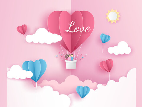 Lovely couple on origami pink balloon heart flying on the sky over the cloud in Valentine's day with text LOVE. Vector illustration art design in paper pop up or paper cut style.