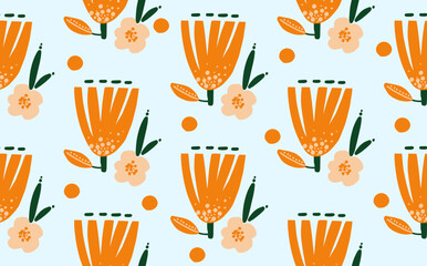 Trendy vector seamless repeating pattern with hand drawn flowers, dots and different shapes on blue background. Background for cover, wallpaper, fabric, clothes, wrapper, case, textile, cards, textile