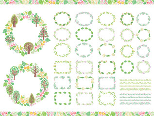 木、葉、花などの植物　緑のイラスト丸フレーム　セット