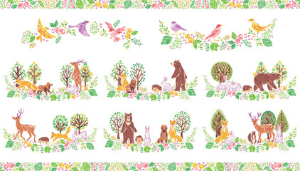 緑の木々・小鳥・動物のイラストセット