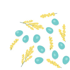 Background postcard for Easter. Blue eggs and yellow mimosa on a white and transparent background. Vector image, illustration, graphic design.
