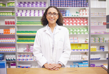 Pharmacy, pills and portrait of a woman pharmacist ready for customer service. Pharmaceutical...