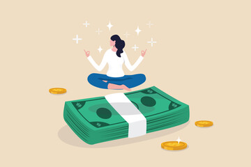 Financial wellbeing, money management, savings or investment, making money or wealth accumulate, income, salary or wages concept, success woman lotus meditating on pile of money banknotes and coin.