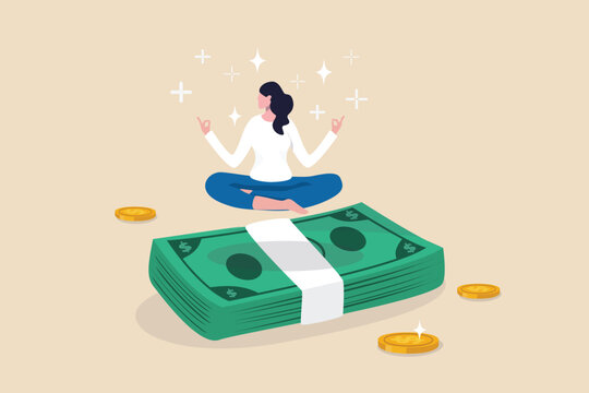Financial wellbeing, money management, savings or investment, making money or wealth accumulate, income, salary or wages concept, success woman lotus meditating on pile of money banknotes and coin.