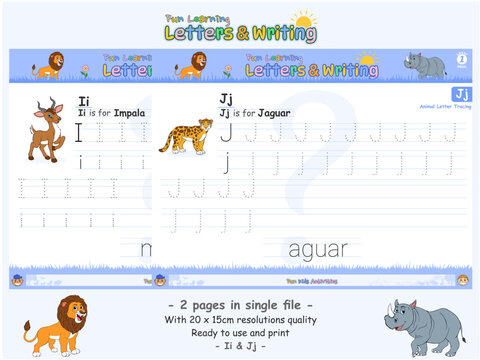 Fun learning Letter and writing animals two pages in single file impala and jaguar