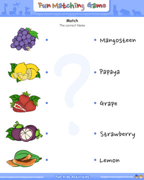 fun matching game fruits name of grape, lemon, strawberry, mangosteen and papaya