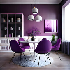 Bright and cozy modern dining room interior with purple furniture and decoration room on empty purple or white wall background, Ai generated
