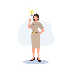 female Thai government officers in uniform. Woman Thai teacher, got new idea, lightbulb. Vector illustration
