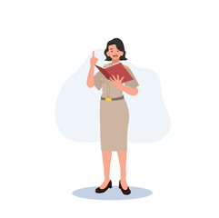 female Thai government officers in uniform. Woman Thai teacher, explaining knowledge from book. Vector illustration