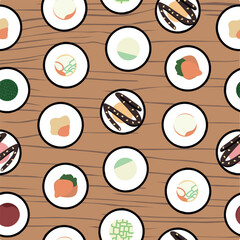 Seamless pattern of icons of delicious colored sushi rolls. A collection of different flavors and varieties. Traditional Japanese cuisine.