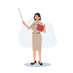 female Thai government officers in uniform. Woman Thai teacher holding pointer stick , explaining knowledge from book. Vector illustration