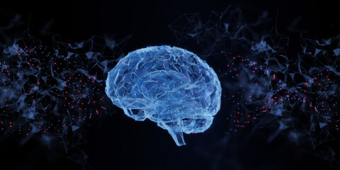 concept of 3d render neuroscience brain or psychology blue dark background. neuroscience brain or psychology. neuroscience, brain, psychology hologram 3d illustration