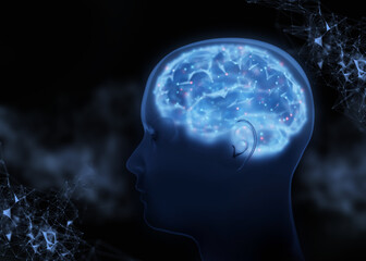 Obraz premium concept of portrait 3d render neuroscience brain or psychology blue dark background. neuroscience brain or psychology. neuroscience, brain, psychology hologram 3d illustration