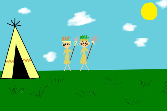 Indians with spears near the wigwam. Children's drawing