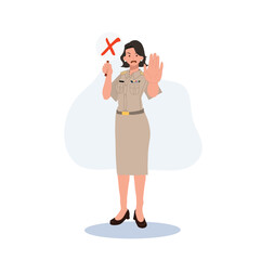 female Thai government officers in uniform. Woman Thai teacher holding false,incorrect,wrong mark sign, Vector illustration
