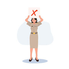 female Thai government officers in uniform. Woman Thai teacher holding false,incorrect,wrong mark sign over head. Vector illustration