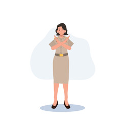 female Thai government officers in uniform. Woman Thai teacher doing cross hand as NO sign, prohibited, STOP, don't . Vector illustration