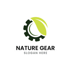 Creative symbol concept with gear, green leaf and subtly shape of lab flask in negative space. Modern agricultural technology logo design template. Icon idea for farming and food production theme.