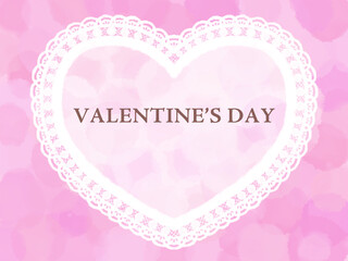 バレンタインデーと書かれた白いレースのハートとピンクの背景の水彩風イラスト