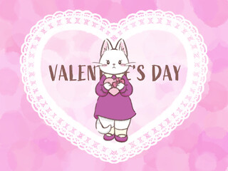 バレンタインデーのプレゼントを持つ白猫の女の子（白いレースのハートの描かれたピンクの水彩風背景付き）