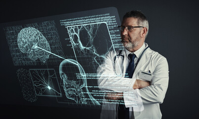 Brain, neurology or doctor with 3d holographic scan of human anatomy research in hospital clinic....