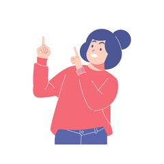 Girl pointing up with two fingers, a smiling happy girl vector illustration in isolated background