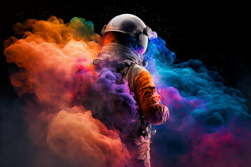 Neon astronaut in space helmet in the middle of multicolored smoke illustration - obrazy, fototapety, plakaty
