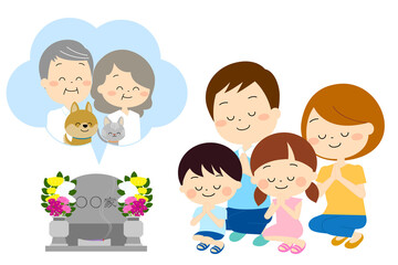 祖父母とペットのお墓参りをする家族（夏）