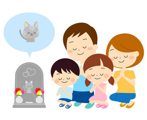 ペットのお墓参りをする家族（春夏）