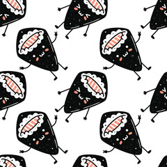 Kawaii sushi illustration. Vector flat hand drawn seamless pattern