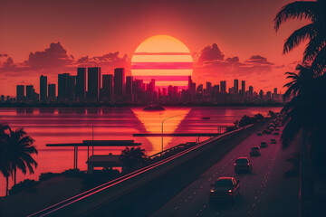 Sunset 80s in Miami, comics style, created with Generative AI Technology