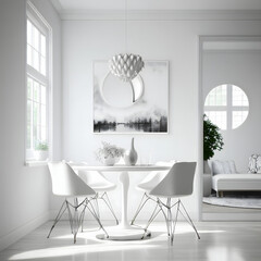 Bright and cozy modern dining room interior with white furniture and decoration room on empty white or white wall background, Ai generated
