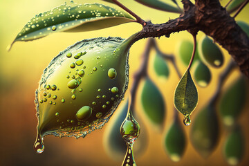 Olives on an olive tree branch. Olive close up. Oil drops on green olive. Generative AI