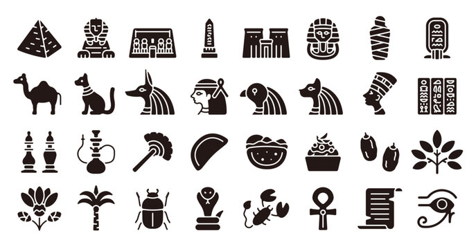 Egypt India icon set (Flat silhouette version)