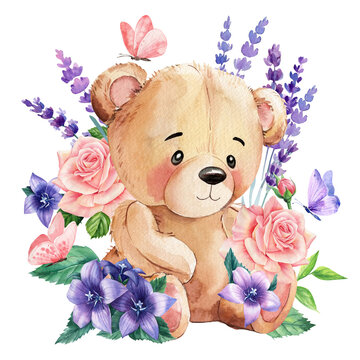 Watercolor cute teddy bear and lavender flowers, bluebells, roses and butterflies on a white background, floral postcard